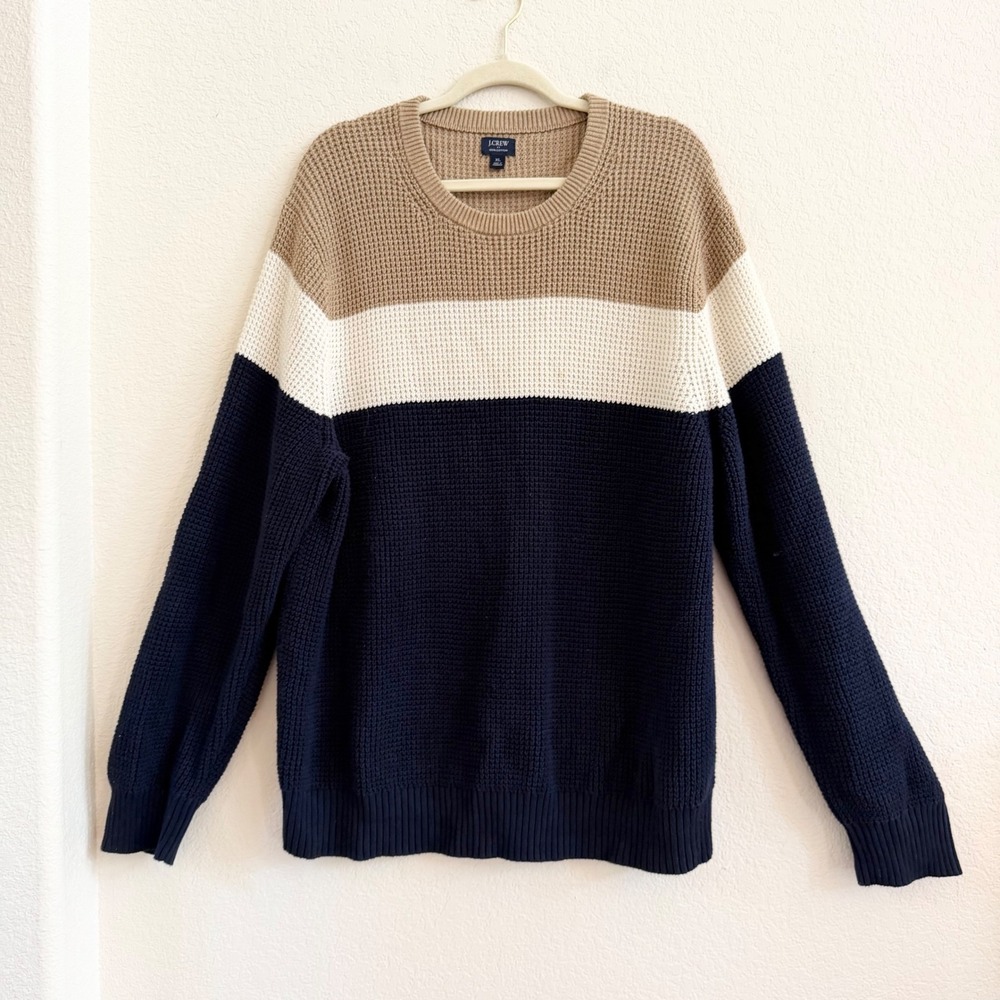 J.Crew Mens XL Waffle Knit Cotton Colorblock Sweater Navy Blue Tan White Striped